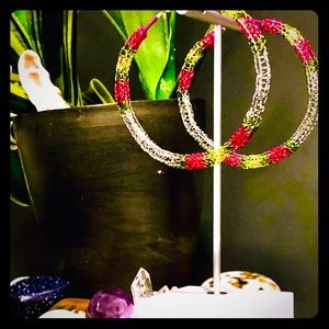 2.5” Handmade Color Block Crocheted Hoop Earrings